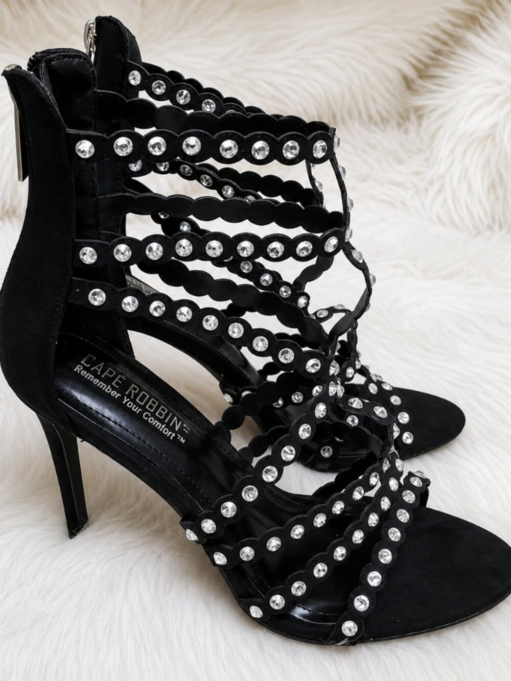 Cape Robbin Black Open Toe Rhinestone Caged Gladiator Style Stiletto Heels SZ 8